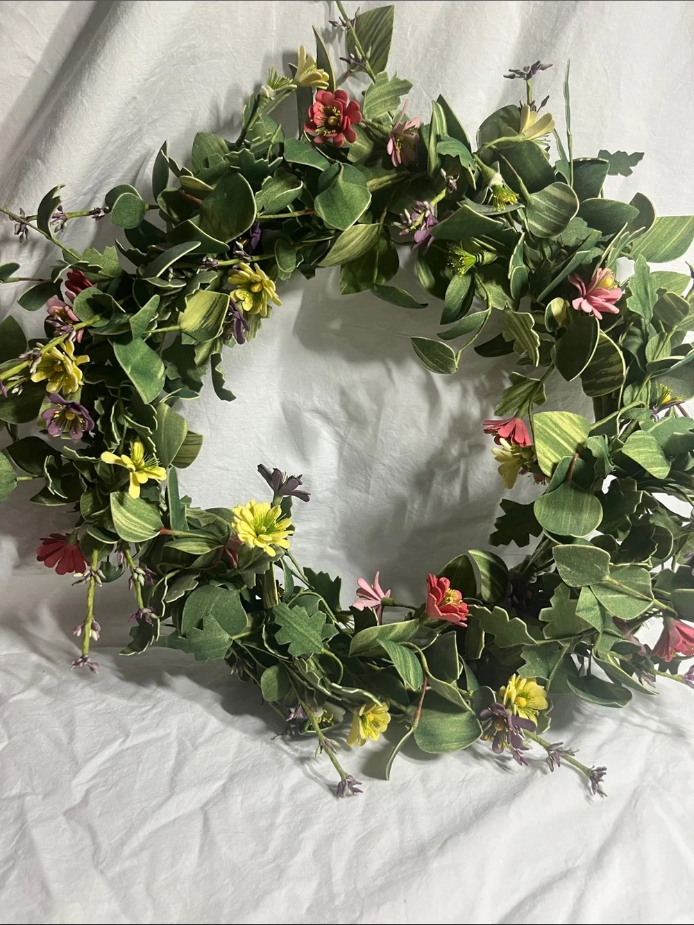 Spring Floral Green Wreath with Pink, Yellow and Purple Flowers